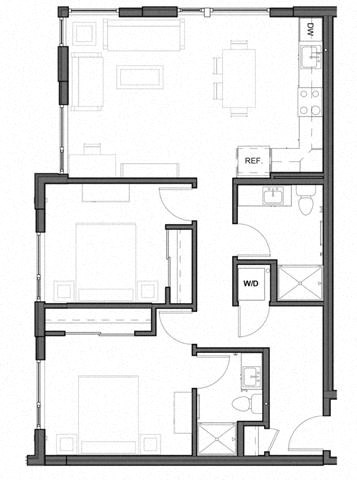Floor plan for 2 beds, 2 baths, 960 sqft